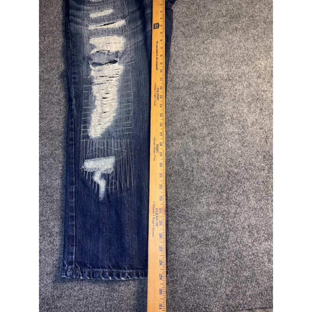 JEANIUS Akademiks Jeans Men 38 Blue Denim Stitch Distressed Stretch Straight Leg